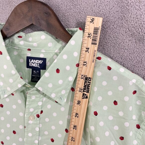 NWOT Lands' End Men's XL Mint Green Polka Dot & Ladybug Short Sleeve Button-Up - Picture 4 of 11